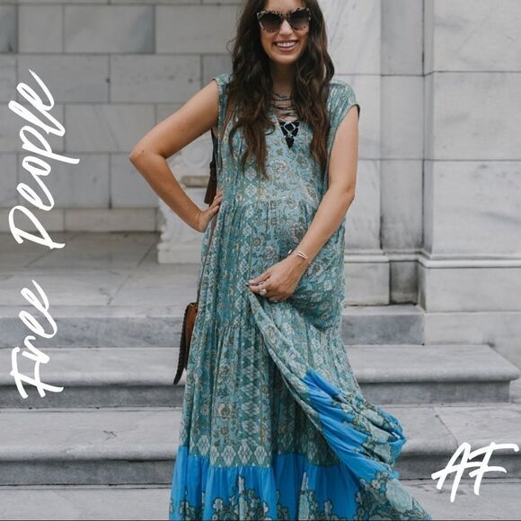 FREE PEOPLE HANALEI BAY MAXI DRESS BLUE GREEN NEW - Picture 3 of 6